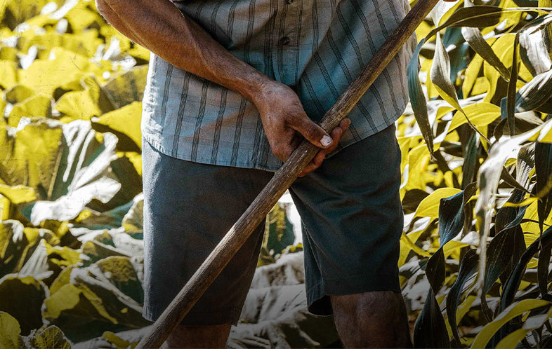 man in shorts and short sleeve shirt working in a garden