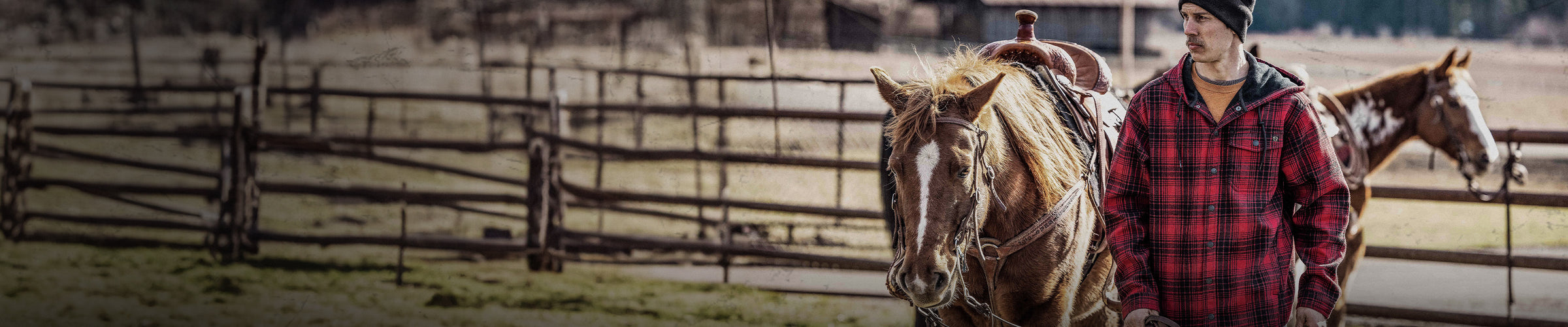 man in flannel jacket standing by two horses in fenced area